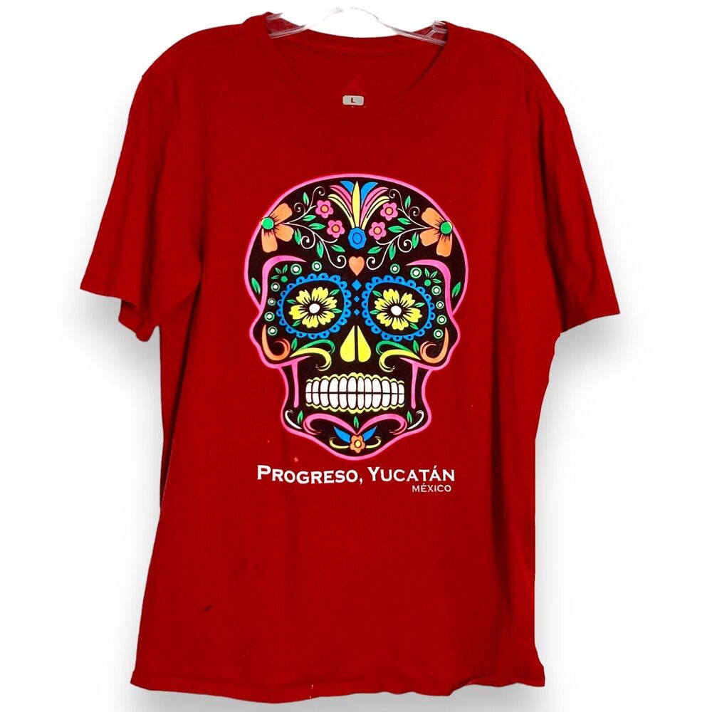 Sugar Skull Dia de los Muertos Graphic T-Shirt Red L Day of Dead Tee
